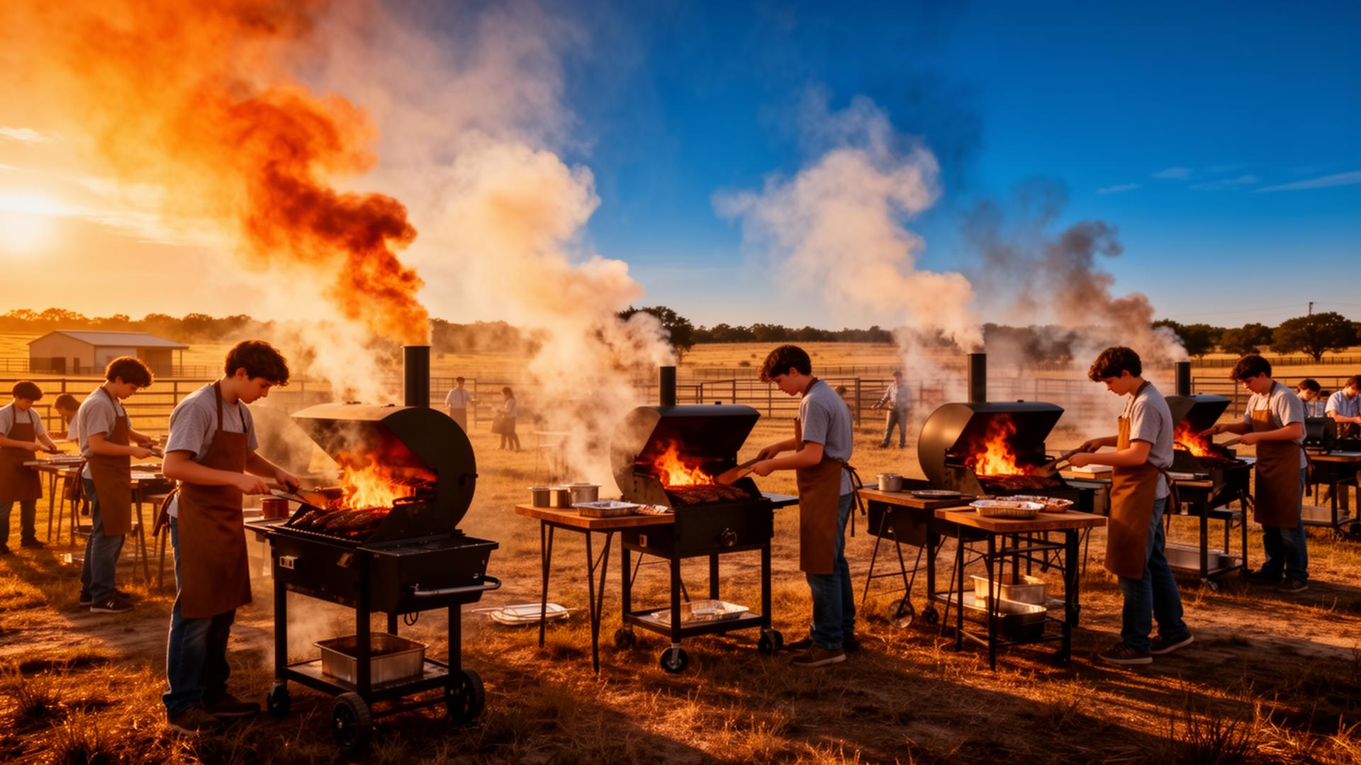 High school barbecue competition with smokers and students